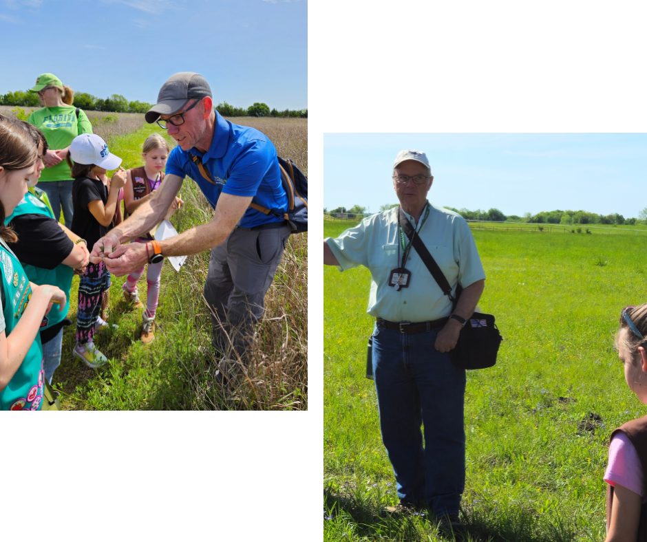 Brandon Belcher, The Nature Conservancy, and BPTMN member Tom  Shackelford leading us at Parkhill Prairie