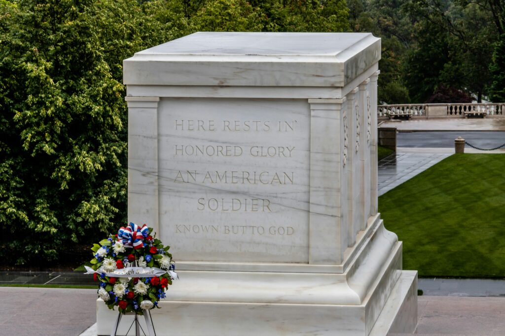 Iconic Tomb of the Unknown Soldier in Arlington, Virginia commemorating fallen soldiers.