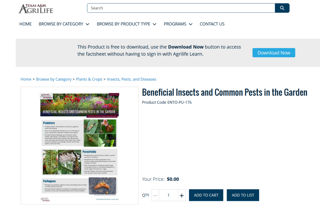 Beneficial Insects flyer website page.