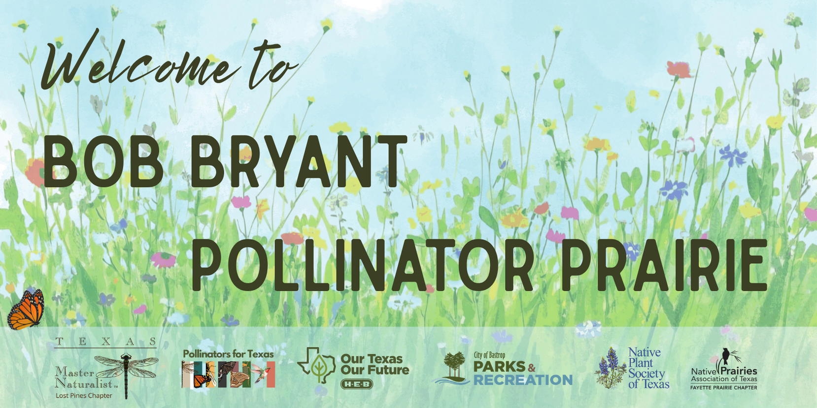 A welcome sign on a backdrop of wildflowers, featuring partner logos at the bottom