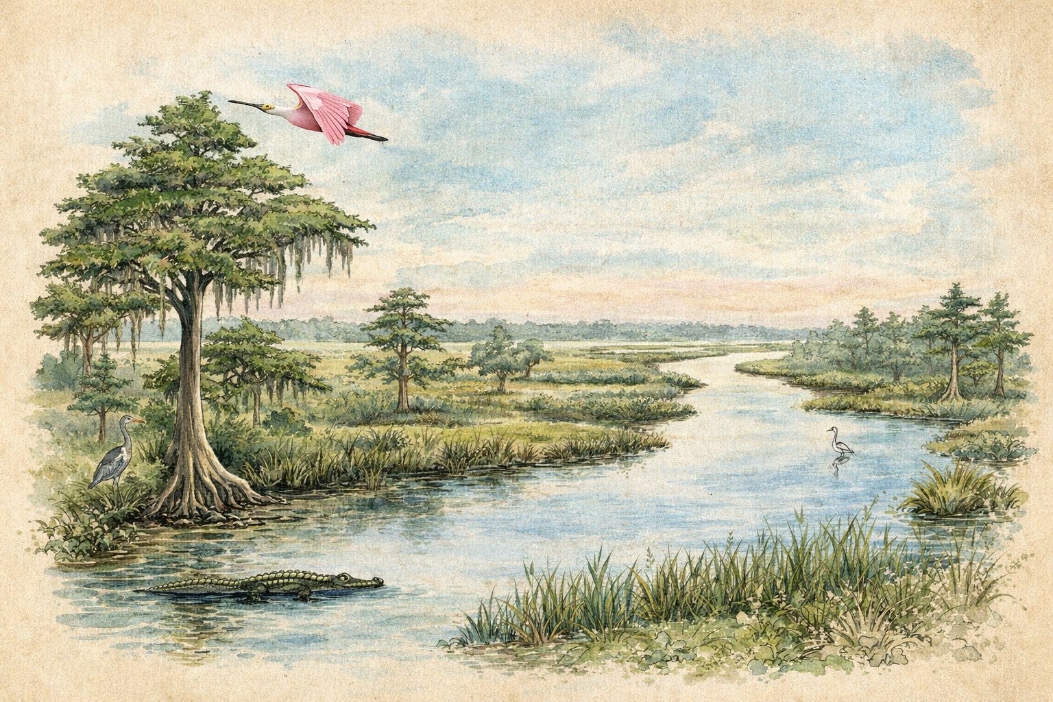 Illustrated Trinity River wetland landscape in vintage naturalist style