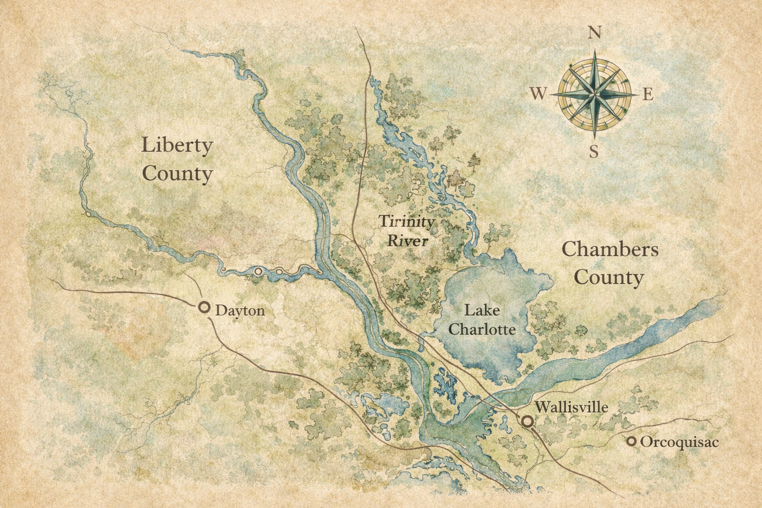 Illustrated map of Liberty and Chambers Counties with the Trinity River and nearby landmarks