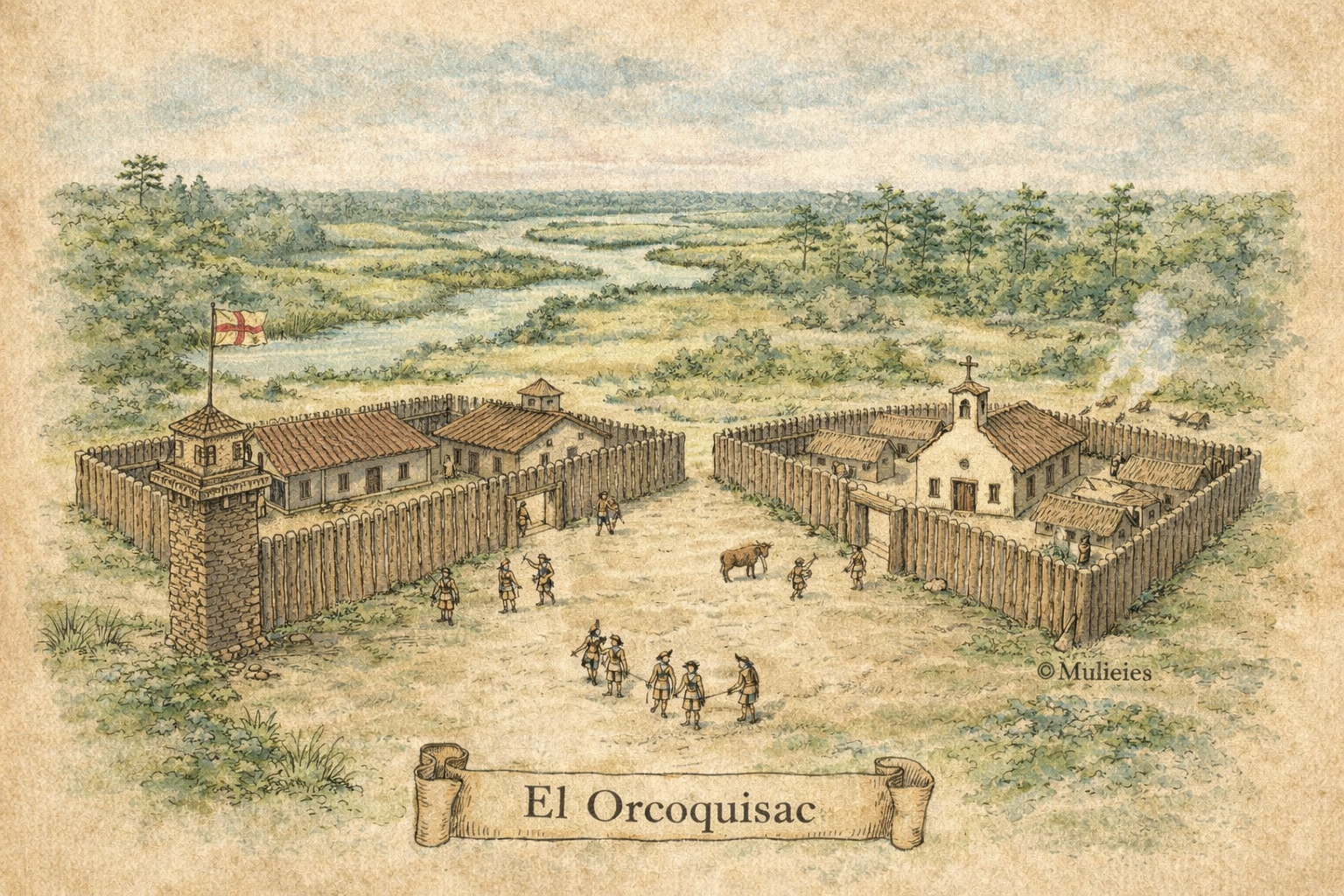 Illustrated historical view of El Orcoquisac in vintage naturalist style
