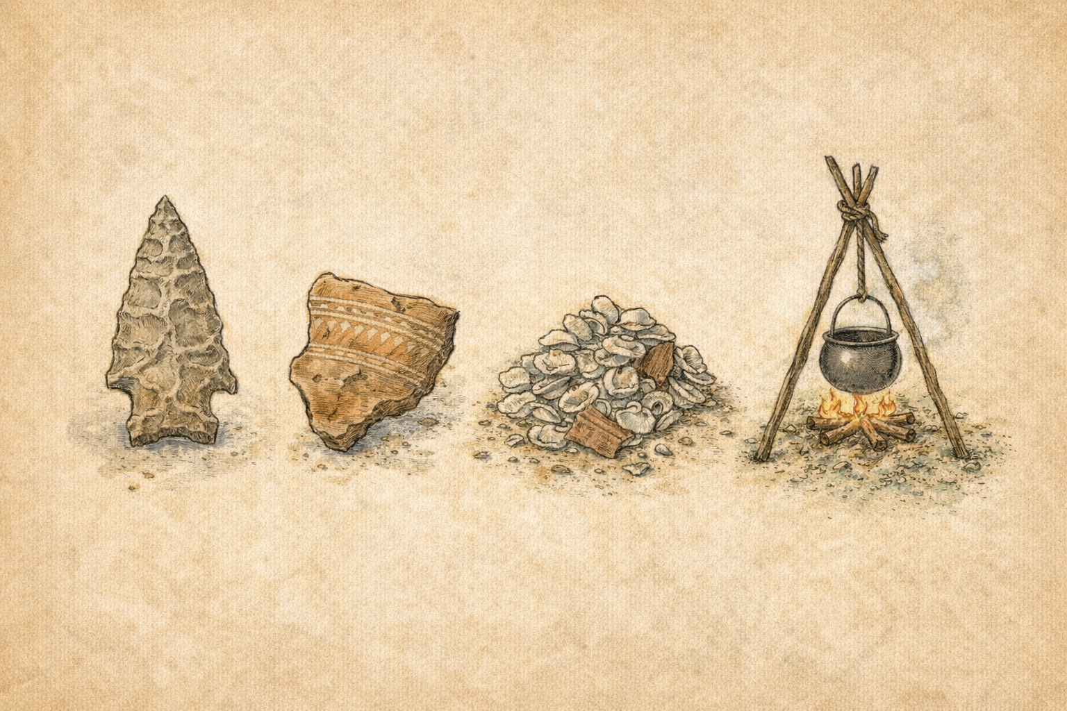 Illustrated archaeological artifacts including a stone point, pottery sherd, shell midden, and campfire