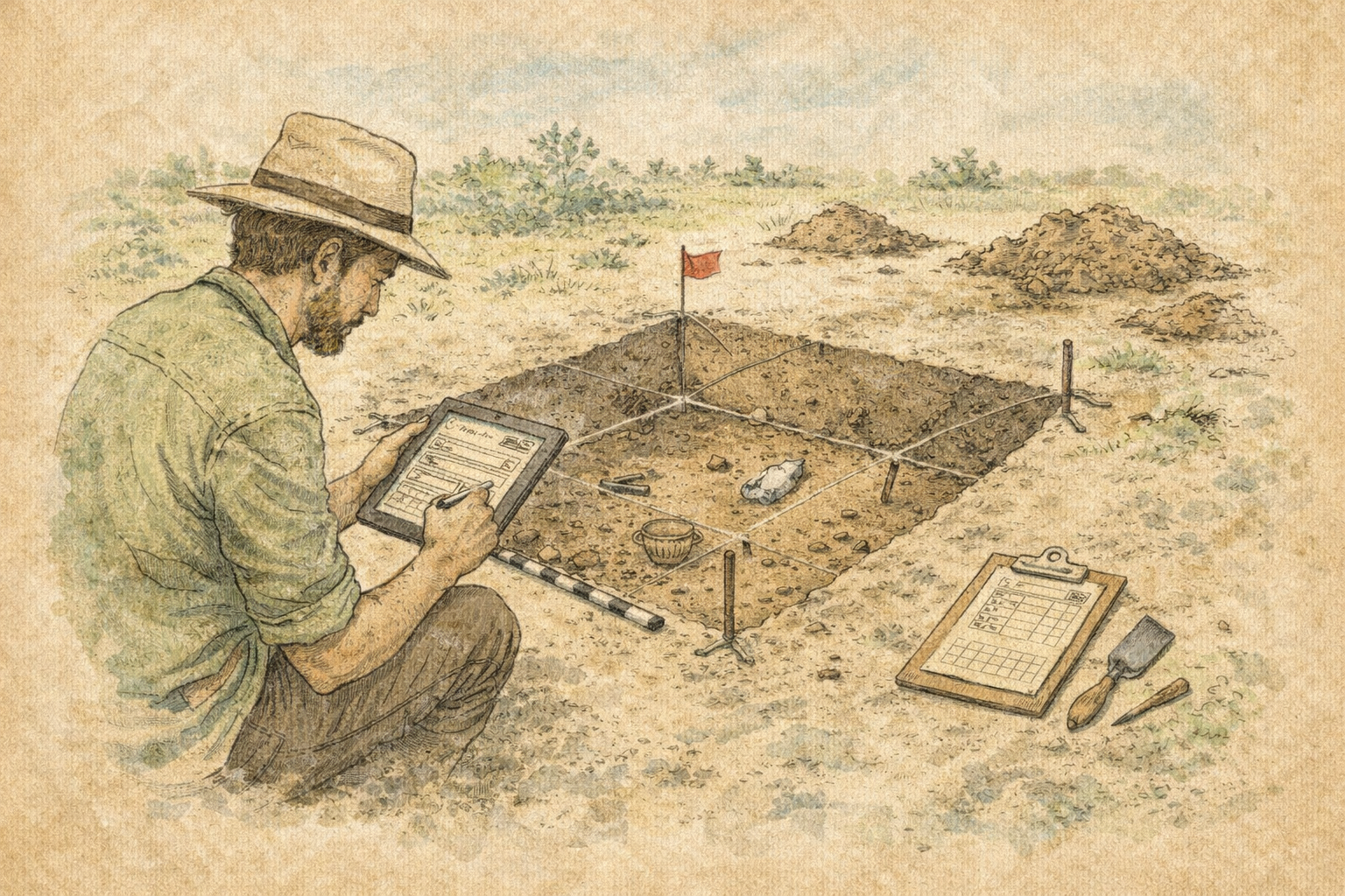 Illustrated archaeologist recording excavation data on a tablet beside a dig unit