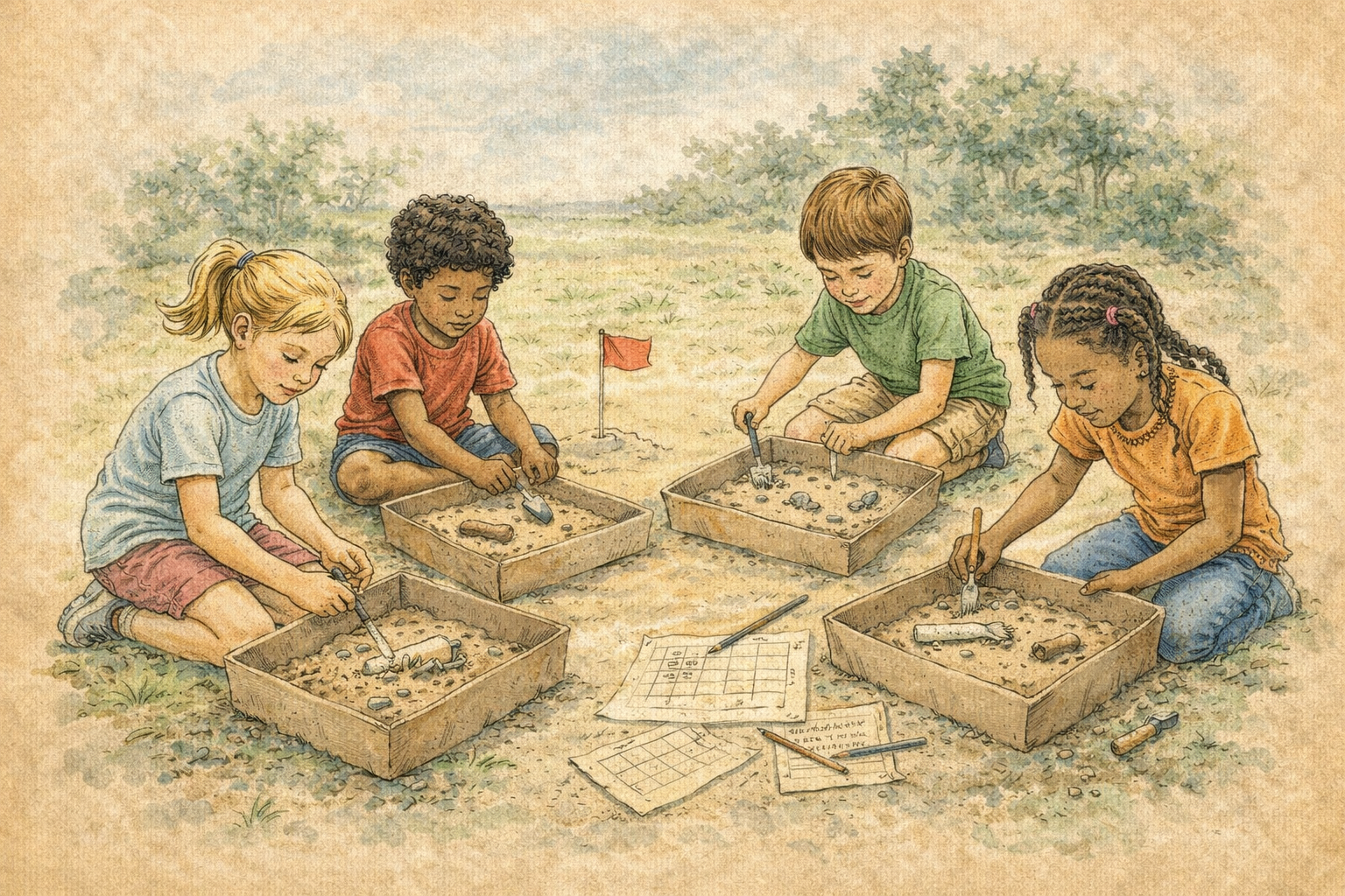 Illustrated students working on mini archaeology dig kits outdoors