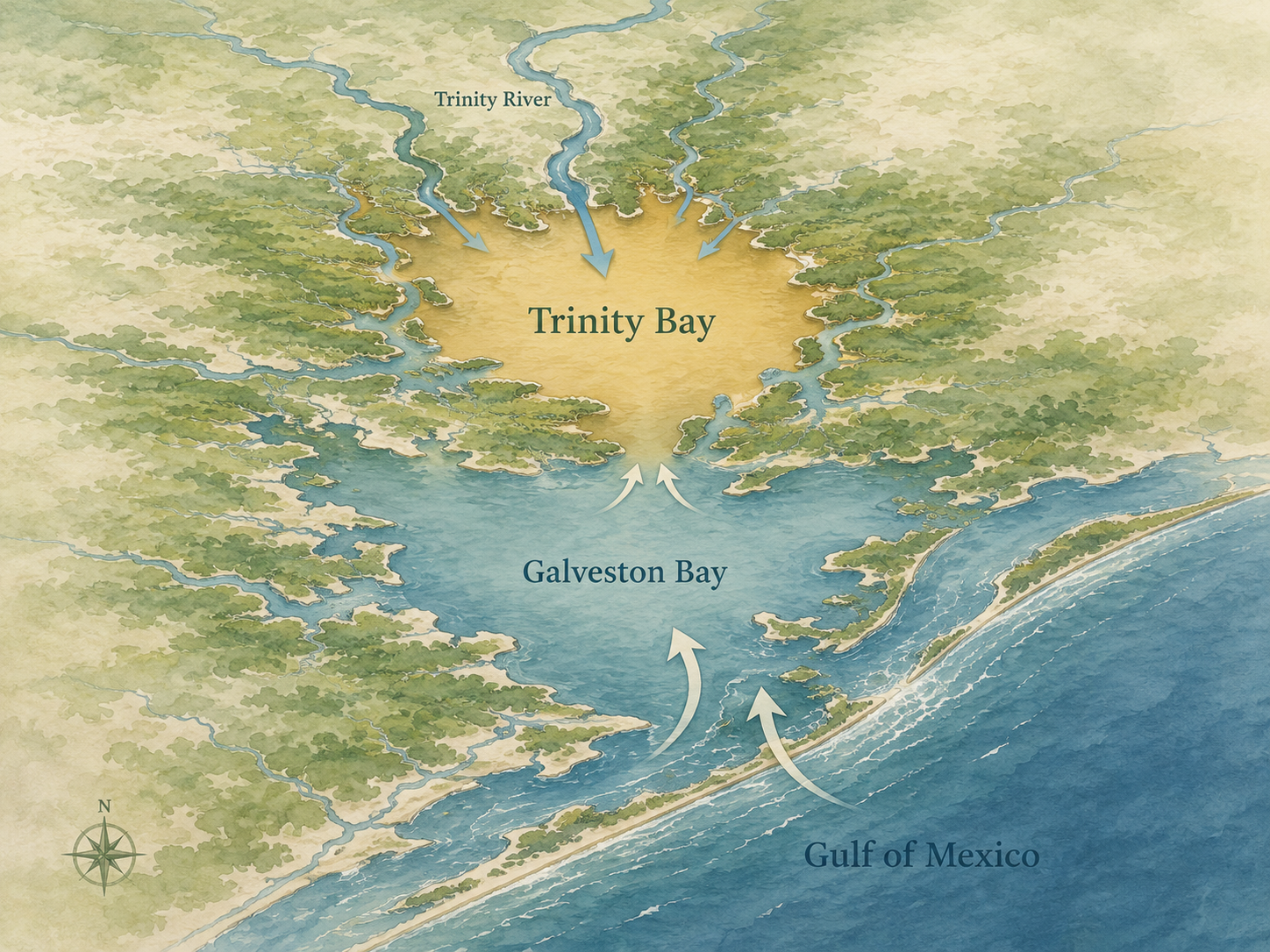 Illustrated map showing the Trinity River flowing into Trinity Bay, where freshwater mixes with saltwater from Galveston Bay and the Gulf of Mexico.
