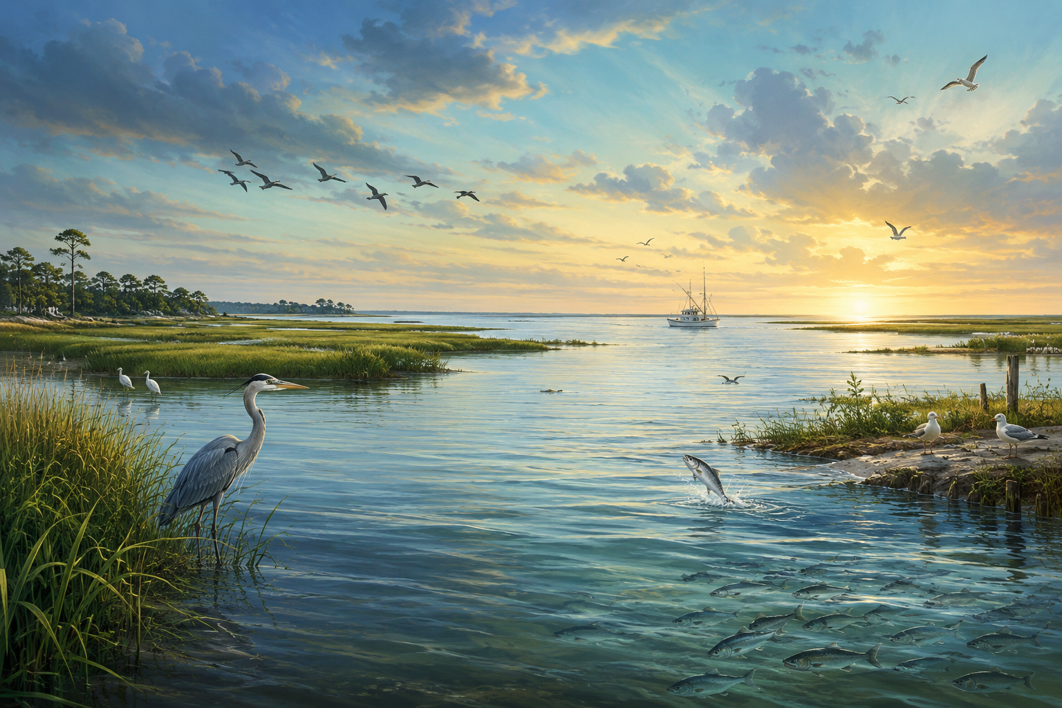 Sunrise over Trinity Bay with marshes, wading birds, fish, and calm estuary waters on the Texas Gulf Coast.