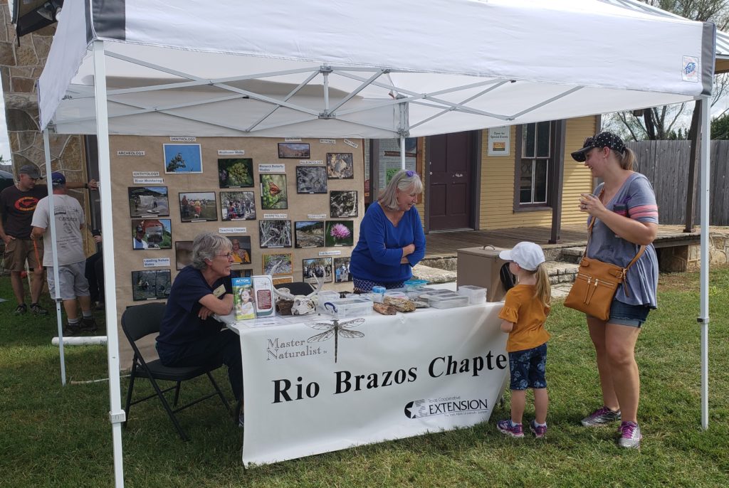 Volunteers showing woman and child items from nature on a table in front of a backdrop of pictures of wildlife, flowers, and chapter activities.